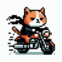 Fototapeta premium Cat riding a motorbike in pixel art style