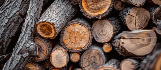 Pieces of tree wood, trunks, and twigs are cut for uses as building materials like windows.