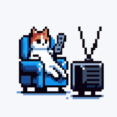 Cat watching a tv in pixel art style