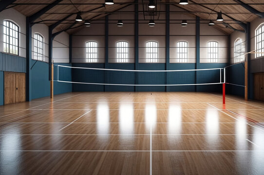 Sports image background: volleyball net in an old empty sports gym. Top view, backdrop for team volleyball game. Concept of getting sport, healthy lifestyle and team success. Copy ad text space