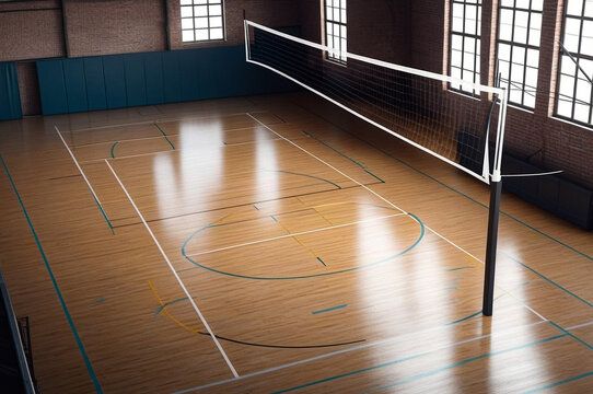 Sports image background: volleyball net in an old empty sports gym. Top view, backdrop for team volleyball game. Concept of getting sport, healthy lifestyle and team success. Copy ad text space