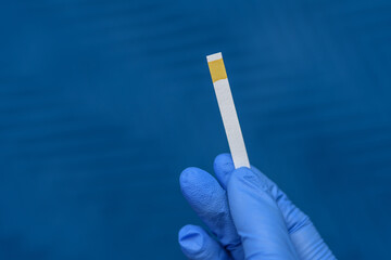 Izolowany papierek lakmusowy do badania odczynu pH trzymany w dłoni  - obrazy, fototapety, plakaty