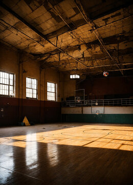 Sports image background: volleyball net in an old empty sports gym. View from below backdrop for team volleyball game. Concept of getting sport, healthy lifestyle and team success. Copy ad text space