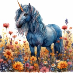 Watercolor Painting of Vibrant Flower Field featuring a Unique Unicorn Generative AI