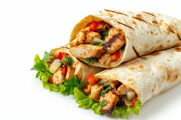 Chicken shawarma, doner kebab burrito filling for, isolated on white background
