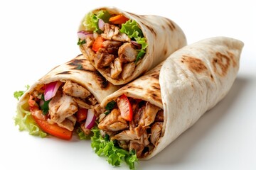 Chicken shawarma, doner kebab burrito filling for, isolated on white background