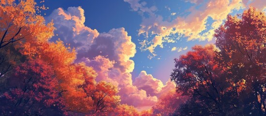 Fototapeta na wymiar Autumn's sky envelops trees with vibrant hues, creating a transient and beautiful scene.
