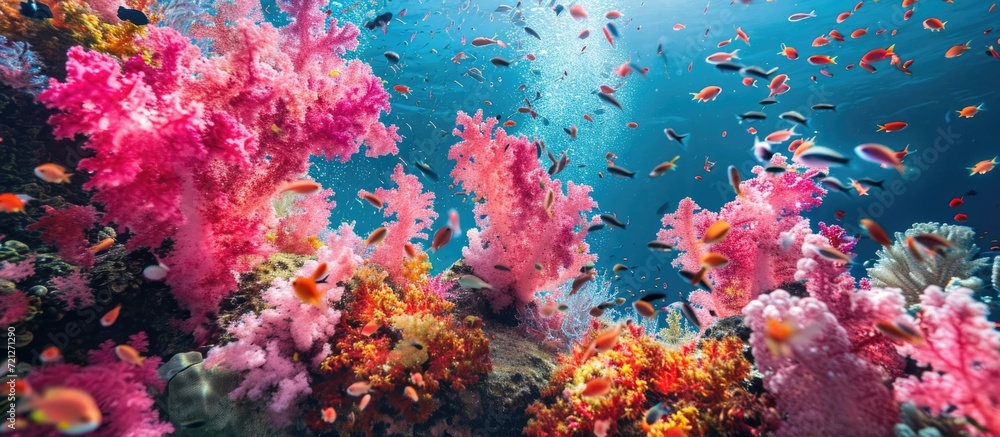 Wall mural Colorful marine life, including red and pink soft corals, captured in underwater photography of coral reefs during scuba diving. - Wall murals