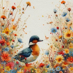Watercolor Painting of Colorful Flower Field with Dapper Duck Generative AI