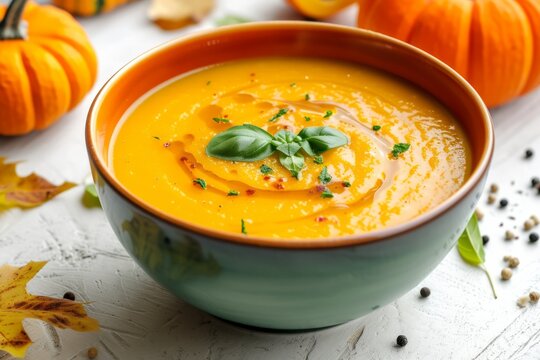 Delicious pumpkin cream soup in bowl on white background