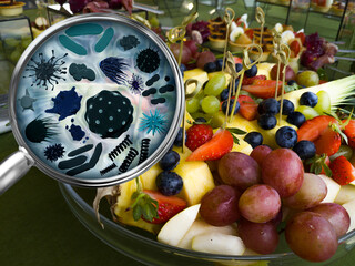 Catering. Magnifying lens with simulated germs, viruses, bacteria, food allergy concept. Set of...