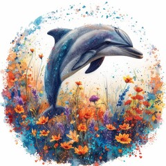 Obraz na płótnie Canvas Watercolor Painting of a Vibrant Flower Field with a Sparkling Dolphin Generative AI