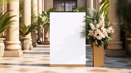 White wedding signboard covered in leaves and white flowers.