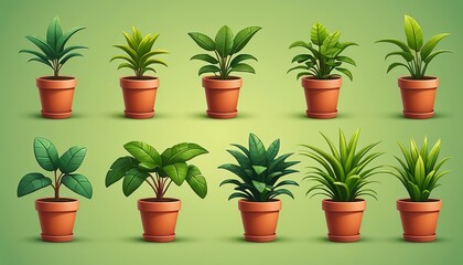 3D Vector Cartoon Icon Set: Plant Shoot, Houseplant, Tree, Grass