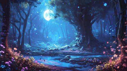 Mesmerizing scene of an enchanted forest bathed in ethereal moonlight, where mystical creatures frolic among luminescent flora