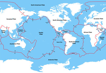 Tectonic plates on Earth's surface, centered by America continent. Vector illustration - obrazy, fototapety, plakaty