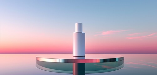 Empty, minimalist oval skin care bottle on a mirrored table against a gradient sky.