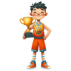 Watercolor cute boy basketball player holding a gold trophy. Basketball competition. Basketball element clipart.