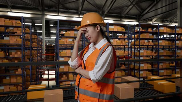 Side View Of Asian Female Engineer With Safety Helmet Having A Headache While Standing In The Warehouse With Shelves Full Of Delivery Goods 

