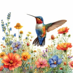 Watercolor Painting of Vibrant Flower Field and Hummingbird Generative AI