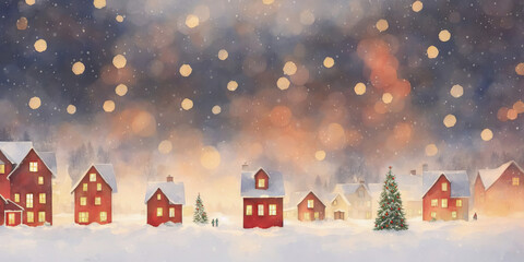 Fototapeta na wymiar Small Christmas houses in snowy winter, falling snowflakes. Watercolor drawing, generative ai.