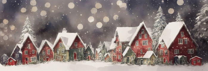 Small Christmas houses in snowy winter, falling snowflakes. Watercolor drawing, generative ai.