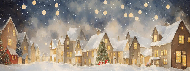 Small Christmas houses in snowy winter, falling snowflakes. Watercolor drawing, generative ai.