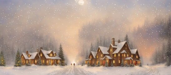 Small Christmas houses in snowy winter, falling snowflakes. Watercolor drawing, generative ai.
