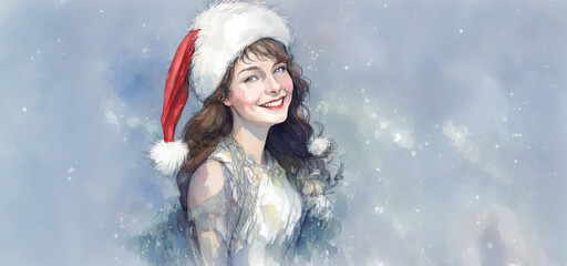 Christmas girl santa claus in a red cap. Watercolor drawing, generative ai.