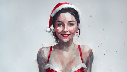 Christmas girl santa claus in a red cap. Watercolor drawing, generative ai.
