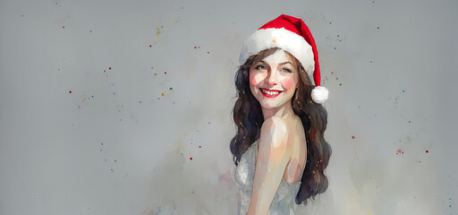 Christmas girl santa claus in a red cap. Watercolor drawing, generative ai.