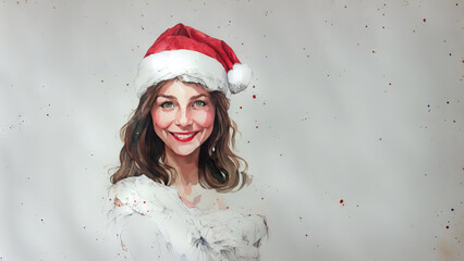 Christmas girl santa claus in a red cap. Watercolor drawing, generative ai.