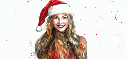Christmas girl santa claus in a red cap. Watercolor drawing, generative ai.