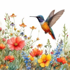 Watercolor Painting of Vibrant Flower Field and Hummingbird Generative AI