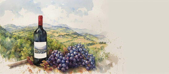 A bottle of wine with a vineyard on the background of a plantation. Drawing, generative ai.