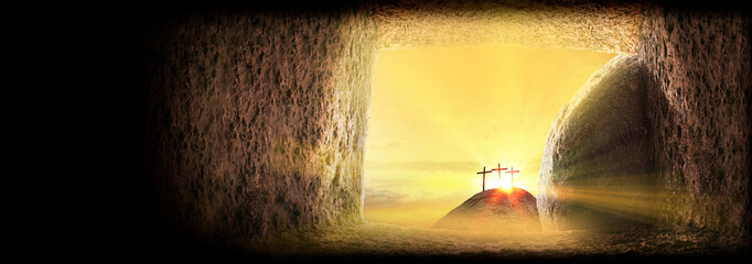 Three wooden crosses on a hill in the morning. Concept of Crucifixion on Mount Golgotha, resurrection of Jesus Christ. Christian Easter holiday symbol, Calvary