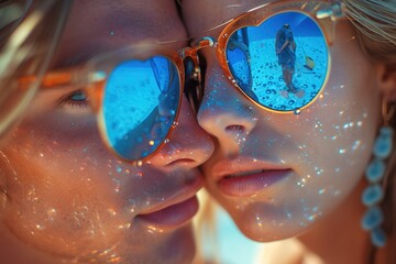 A close-up of a couple's reflection in a heart-shaped sunglasses lens, natural lighting
