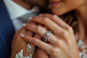A close-up of a couple's intertwined fingers with wedding rings