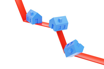 Falling real estate prices concept. several blue houses tumbling on a downward pointing red line. Transparent background
