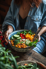 Woman holding plate with vegan or vegetarian food. Healthy plant based diet. Healthy dinner or lunch