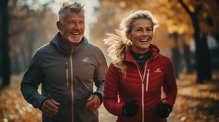 Fototapeta premium Running Together: Active Middle-Aged Couple Embraces Health and Togetherness