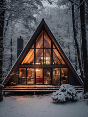 Fototapeta na wymiar Modern A-frame house cabin in middle of a forest in winter season with house covered in snow 