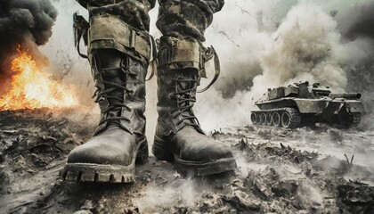 military boots in the middle of a war, an environment of catastrophe