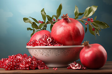 Realistic pomegranate photos. Fresh pomegranates with realistic lighting. Red pomegranates on a red and black background. Whole pomegranate and split pomegranate seeds. 3D pomegranate rendering.