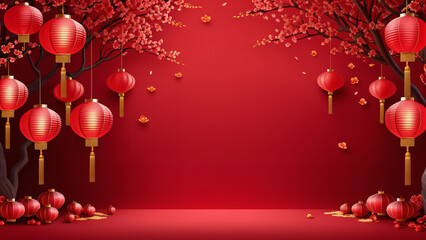Red lantern hanging on a red wall for design uses, chinese new year