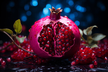 realistic pomegranate paintings. Fresh pomegranates with raindrops on the leaves. Red pomegranate set on a red background. Whole pomegranate and split pomegranate seeds.