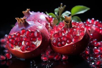 realistic pomegranate paintings. Fresh pomegranates with raindrops on the leaves. Red pomegranate set on a red background. Whole pomegranate and split pomegranate seeds.