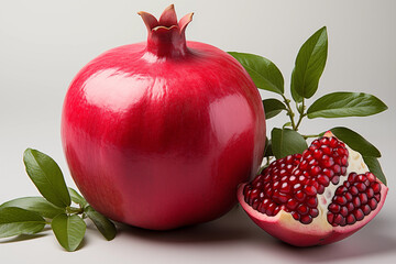 Realistic pomegranate photos. Fresh pomegranates with realistic lighting. Red pomegranates on a red and black background. Whole pomegranate and split pomegranate seeds. 3D pomegranate rendering.