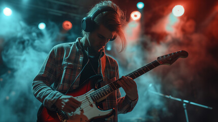 dynamic guitarist in headphones on dark stage - obrazy, fototapety, plakaty