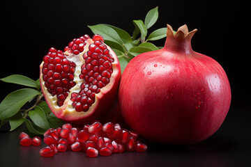 Realistic pomegranate photos. Fresh pomegranates with realistic lighting. Red pomegranates on a red and black background. Whole pomegranate and split pomegranate seeds. 3D pomegranate rendering.